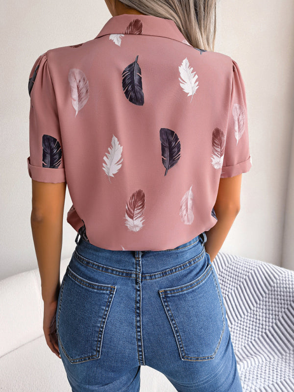Women's Feather Print Short Sleeve Shirt