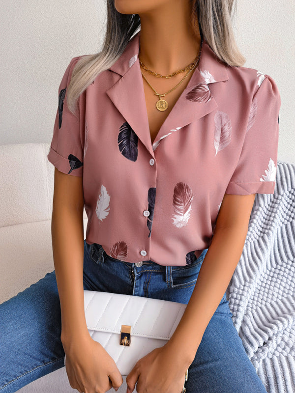 Women's Feather Print Short Sleeve Shirt