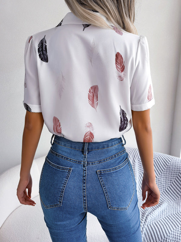 Women's Feather Print Short Sleeve Shirt