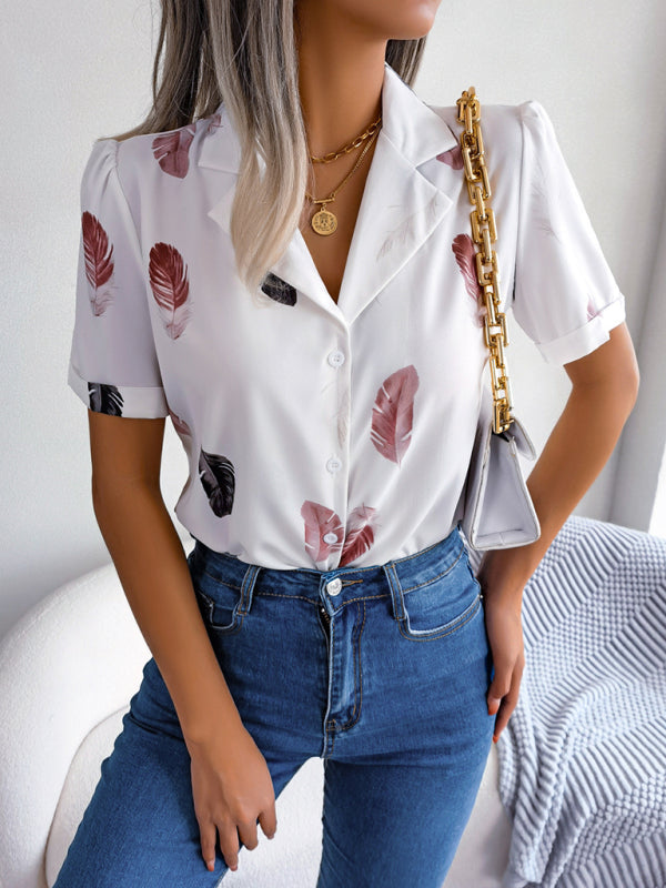 Women's Feather Print Short Sleeve Shirt