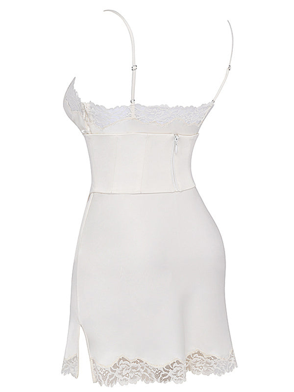 Satin Lace V-Neck Backless Party Dress