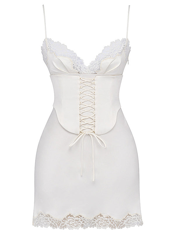 Satin Lace V-Neck Backless Party Dress