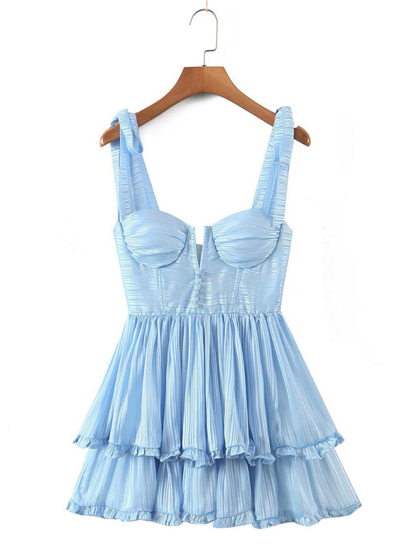 Romantic Triple-Layer Chiffon Pleated Dress – Colorblock Tie Waist, Sleeveless