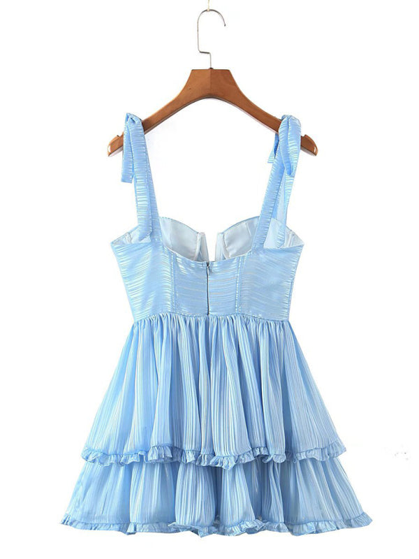 Romantic Triple-Layer Chiffon Pleated Dress – Colorblock Tie Waist, Sleeveless