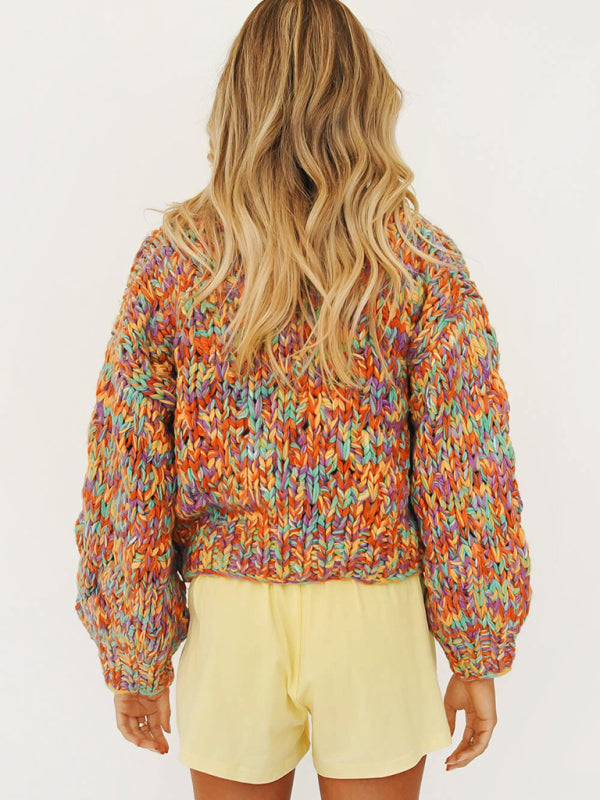 Rainbow Knit Lantern Sleeve Cardigan