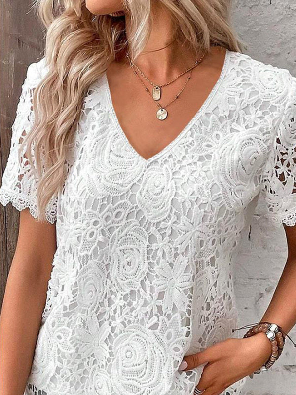 Lace V-Neck Short Sleeve Summer Blouse