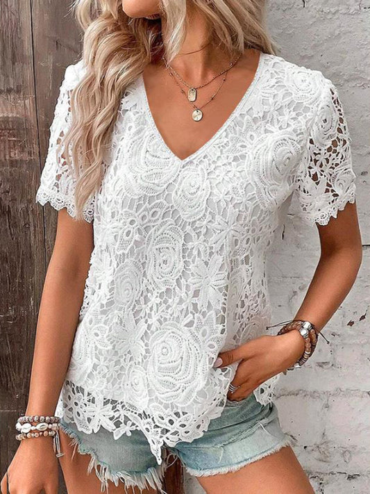 Lace V-Neck Short Sleeve Summer Blouse