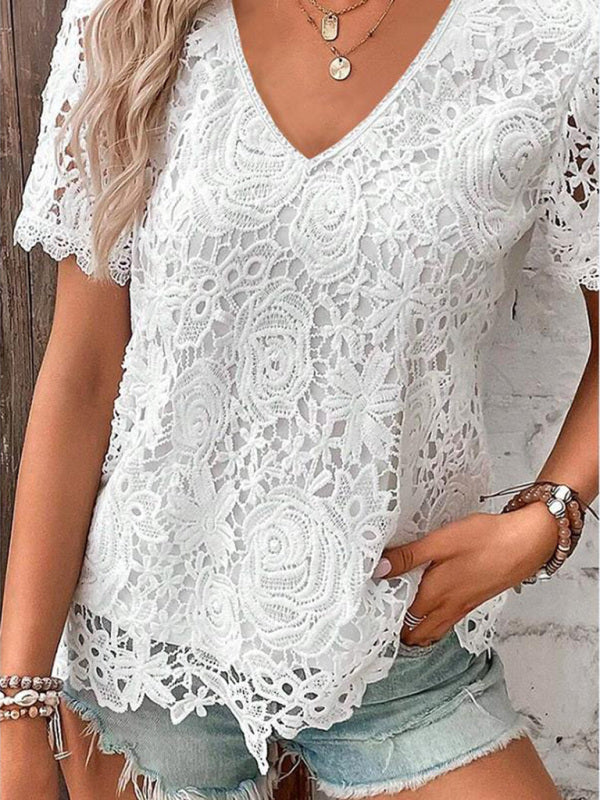 Lace V-Neck Short Sleeve Summer Blouse