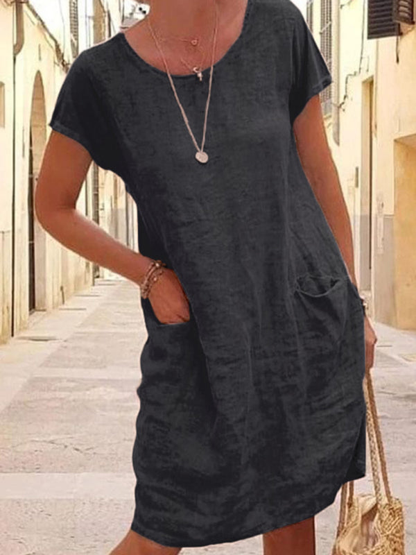 Relaxed Fit Linen Midi Dress – Short Sleeve, Round Neck, Solid Color