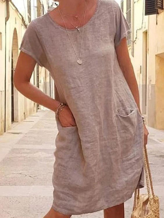 Relaxed Fit Linen Midi Dress – Short Sleeve, Round Neck, Solid Color