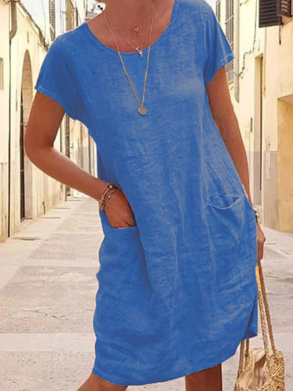 Relaxed Fit Linen Midi Dress – Short Sleeve, Round Neck, Solid Color