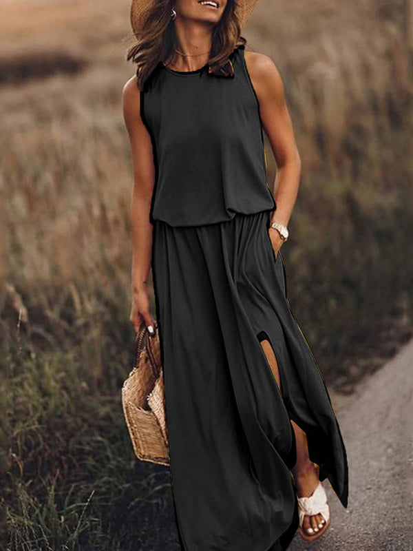 Multicolor Sleeveless Maxi Dress – Solid Knit with Side Slit