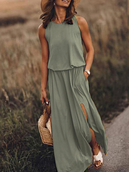Multicolor Sleeveless Maxi Dress – Solid Knit with Side Slit