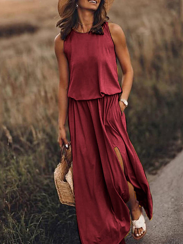 Multicolor Sleeveless Maxi Dress – Solid Knit with Side Slit