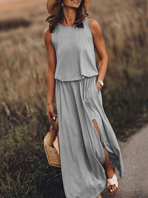 Multicolor Sleeveless Maxi Dress – Solid Knit with Side Slit
