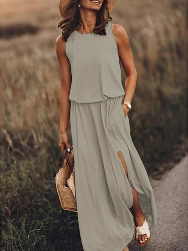 Multicolor Sleeveless Maxi Dress – Solid Knit with Side Slit