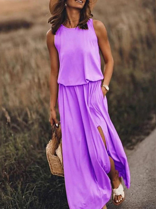 Multicolor Sleeveless Maxi Dress – Solid Knit with Side Slit