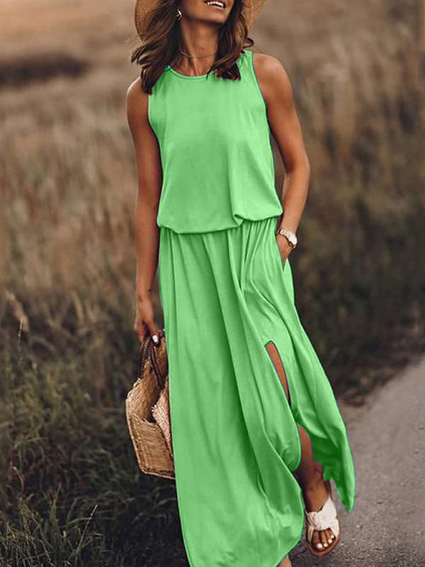 Multicolor Sleeveless Maxi Dress – Solid Knit with Side Slit
