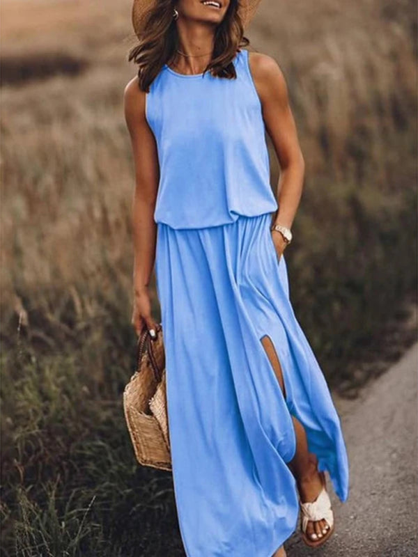 Multicolor Sleeveless Maxi Dress – Solid Knit with Side Slit