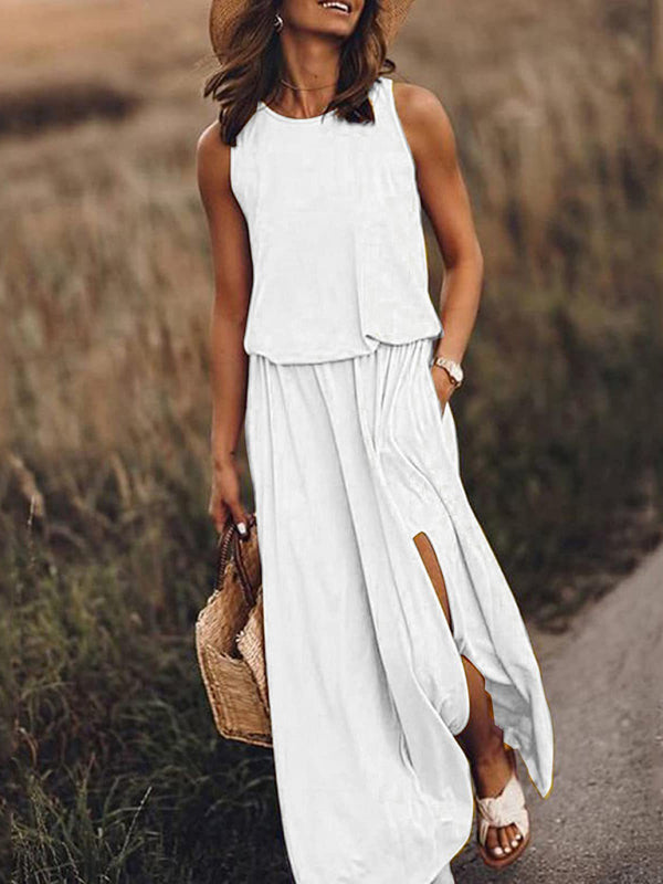 Multicolor Sleeveless Maxi Dress – Solid Knit with Side Slit