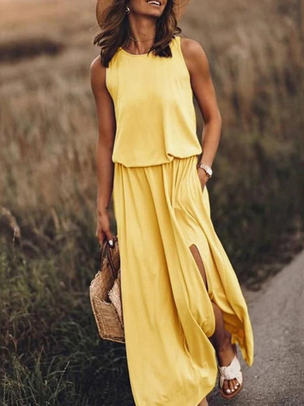 Multicolor Sleeveless Maxi Dress – Solid Knit with Side Slit