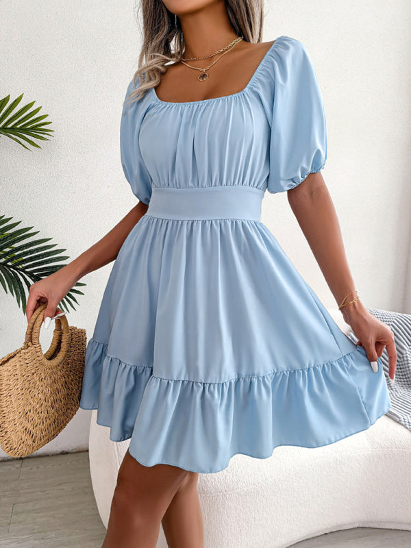 Square Neck Ruffled Swing Dress – Open Back with Straps & Sleeveless Fit