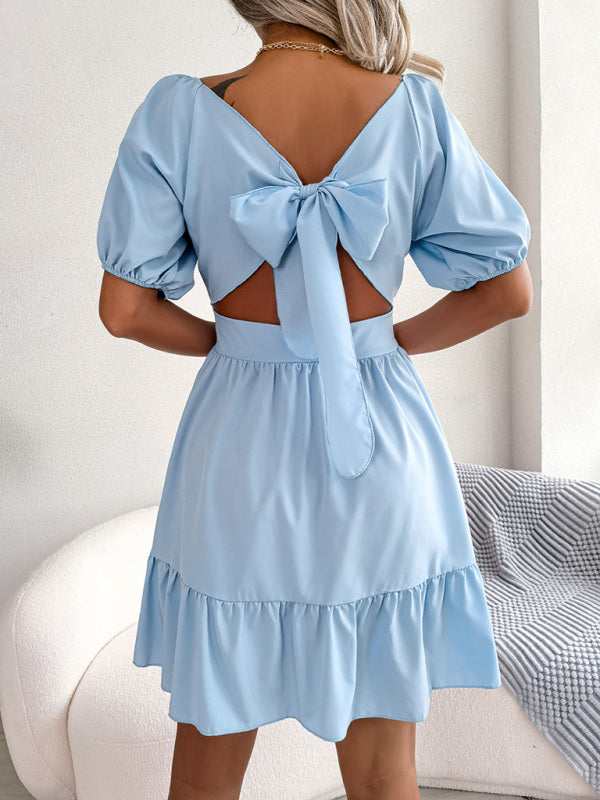 Square Neck Ruffled Swing Dress – Open Back with Straps & Sleeveless Fit