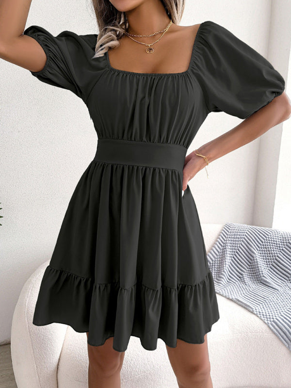 Square Neck Ruffled Swing Dress – Open Back with Straps & Sleeveless Fit