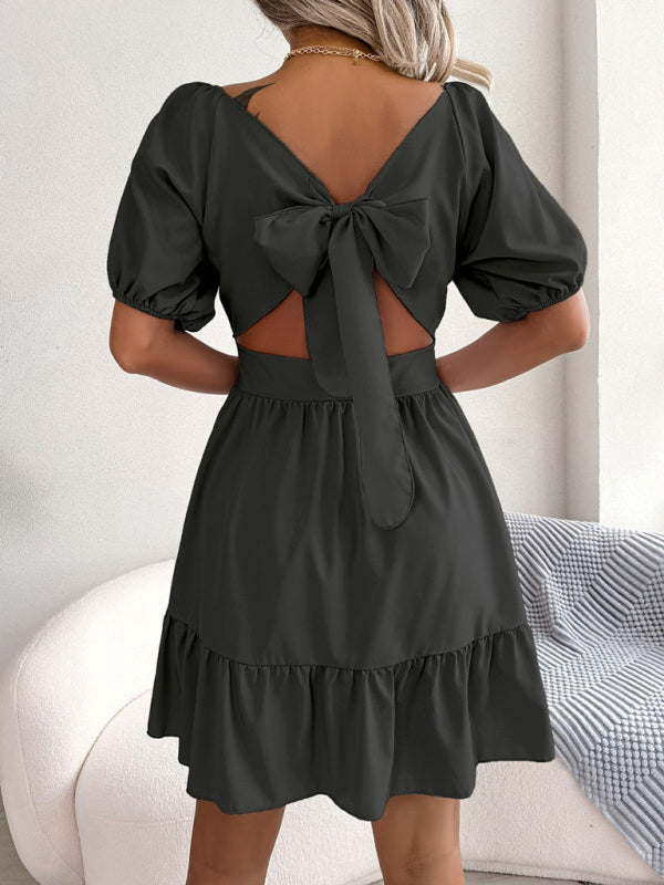 Square Neck Ruffled Swing Dress – Open Back with Straps & Sleeveless Fit