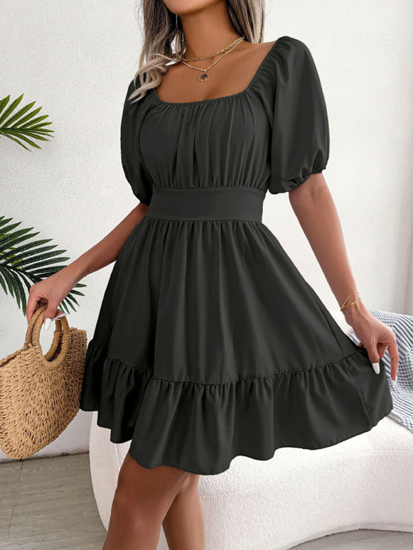 Square Neck Ruffled Swing Dress – Open Back with Straps & Sleeveless Fit