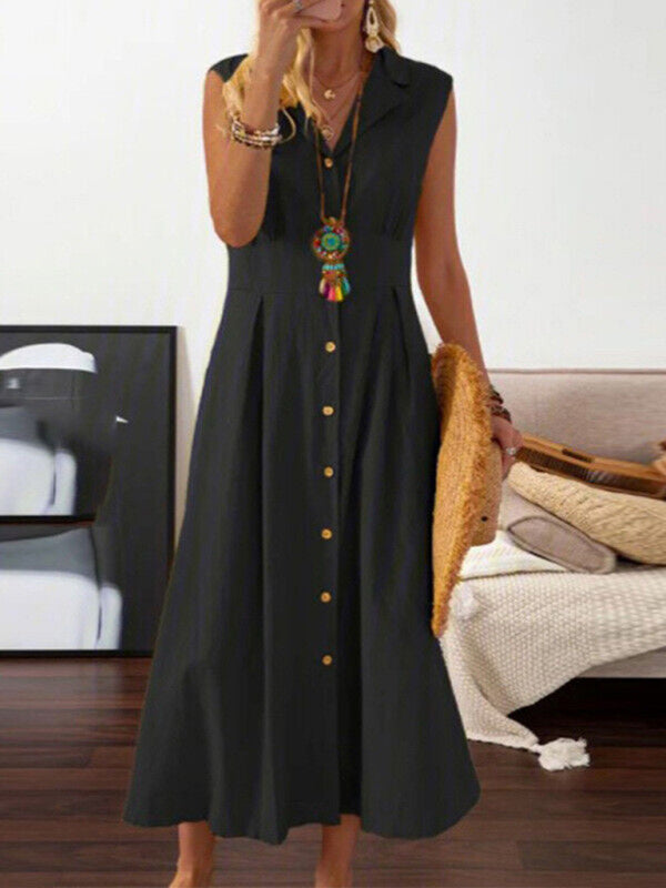 Sleeveless Cotton-Linen Midi Dress with Lapel Collar – Retro Spring Essential