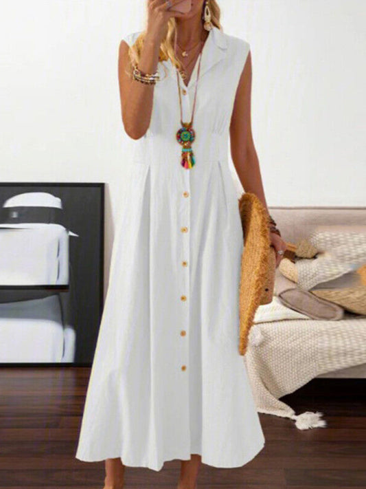 Sleeveless Cotton-Linen Midi Dress with Lapel Collar – Retro Spring Essential