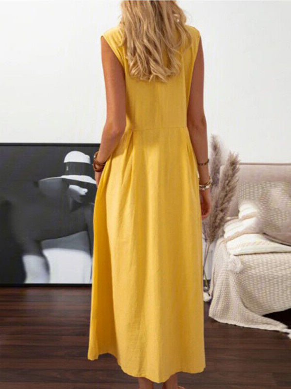 Sleeveless Cotton-Linen Midi Dress with Lapel Collar – Retro Spring Essential