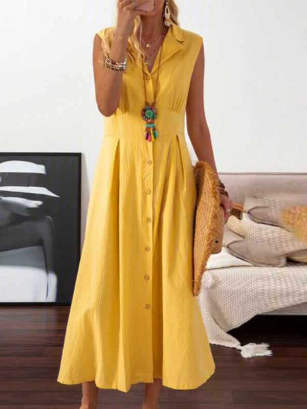 Sleeveless Cotton-Linen Midi Dress with Lapel Collar – Retro Spring Essential