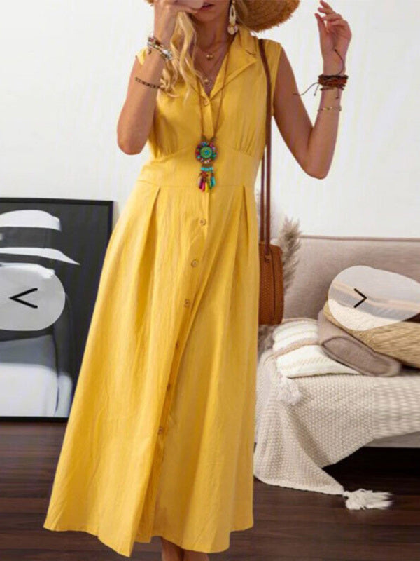 Sleeveless Cotton-Linen Midi Dress with Lapel Collar – Retro Spring Essential