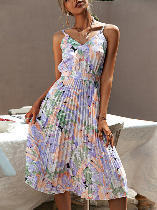 Floral Sleeveless V-Neck Pleated Dress – Lightweight Summer Style