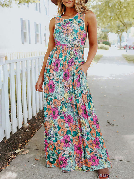 Floral Sleeveless Maxi Dress – Round Neck Seam Pocket Silhouette