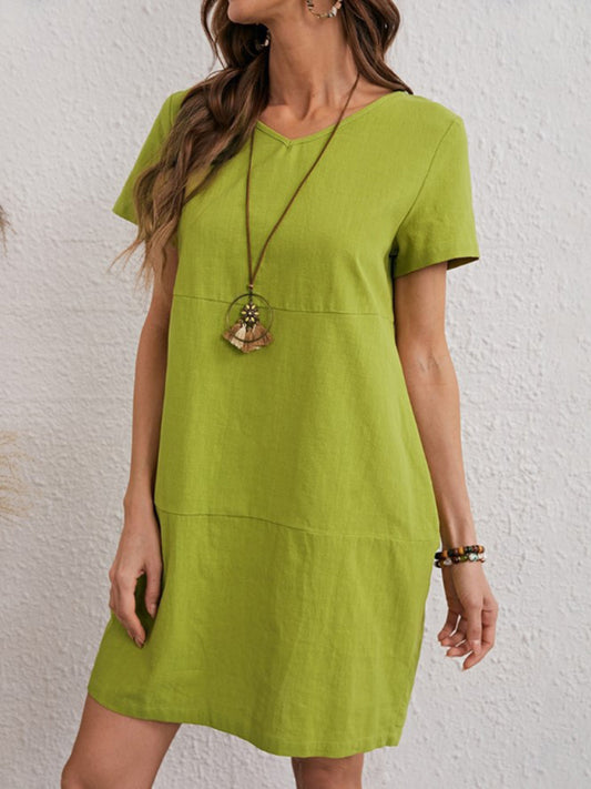 Woven V-Neck Midi Dress – Cotton-Blend, Relaxed Fit, Short Sleeves, Summer Style
