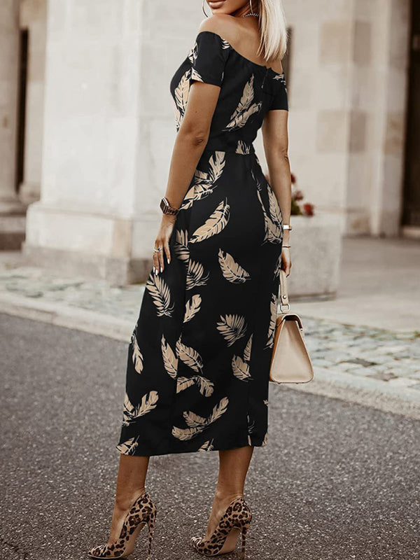 Printed Off-Shoulder Tulip Midi Dress – Elegant Spring-Summer Style
