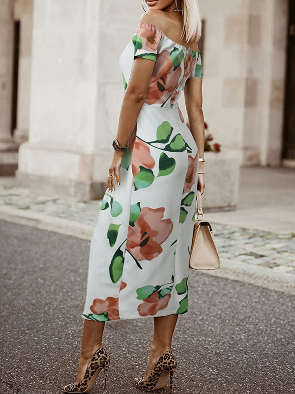 Printed Off-Shoulder Tulip Midi Dress – Elegant Spring-Summer Style