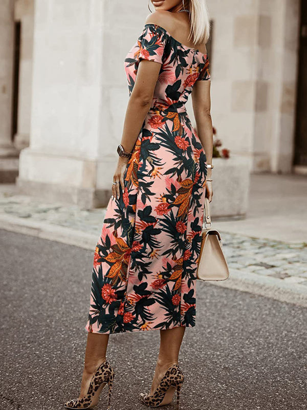 Printed Off-Shoulder Tulip Midi Dress – Elegant Spring-Summer Style