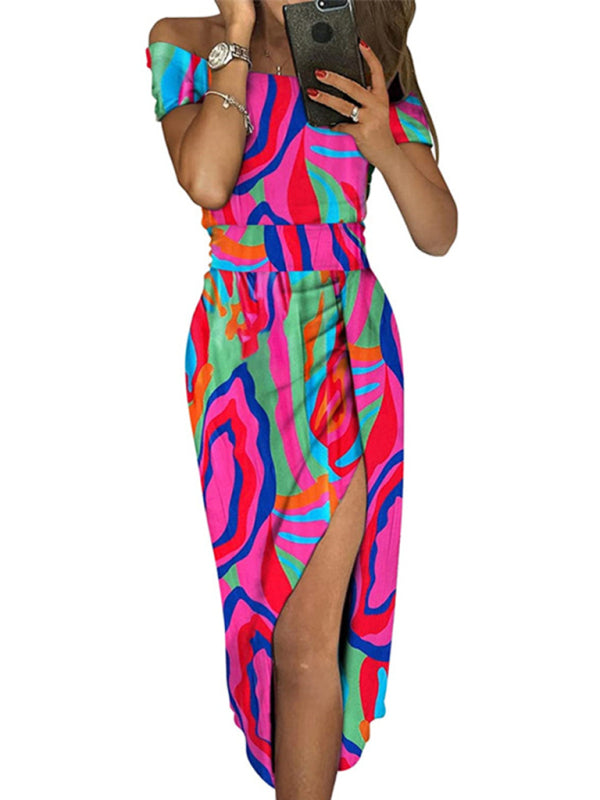 Printed Off-Shoulder Tulip Midi Dress – Elegant Spring-Summer Style