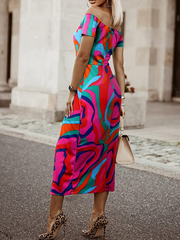 Printed Off-Shoulder Tulip Midi Dress – Elegant Spring-Summer Style