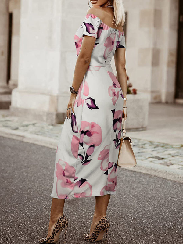 Printed Off-Shoulder Tulip Midi Dress – Elegant Spring-Summer Style