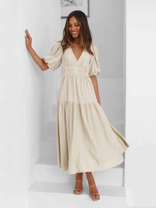 Holiday Deep V Puff Sleeve Maxi Dress – Graceful Spring-Summer Look