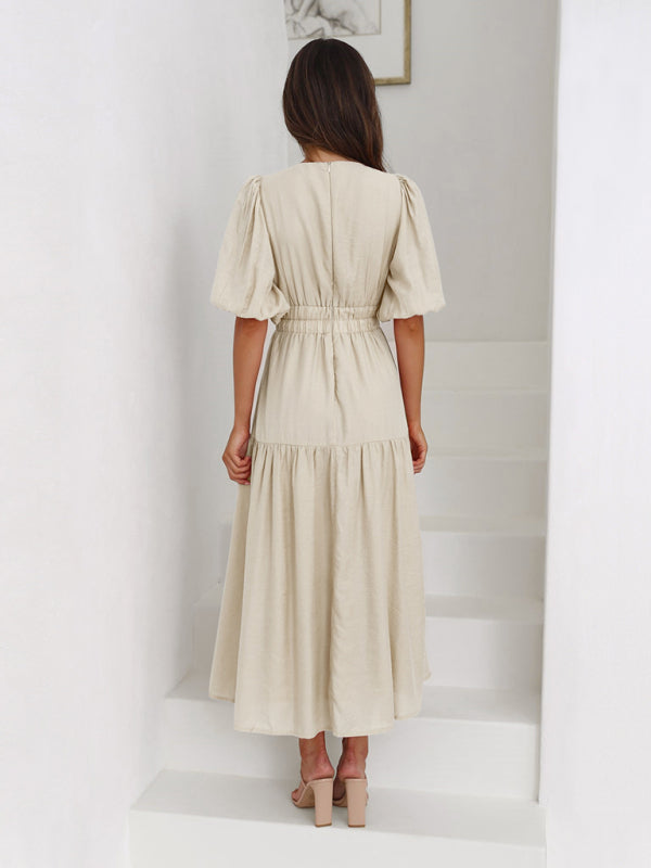 Holiday Deep V Puff Sleeve Maxi Dress – Graceful Spring-Summer Look