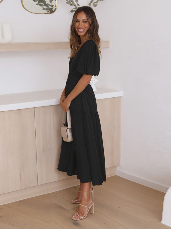 Holiday Deep V Puff Sleeve Maxi Dress – Graceful Spring-Summer Look