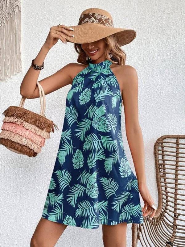 Woven Halter Leaf Print Sleeveless Dress – Flowy, Lightweight & Romantic Fit