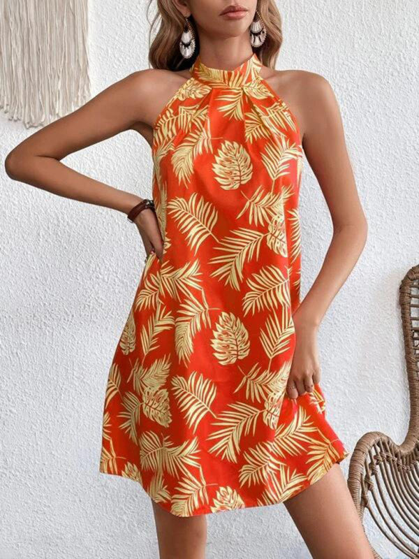 Woven Halter Leaf Print Sleeveless Dress – Flowy, Lightweight & Romantic Fit
