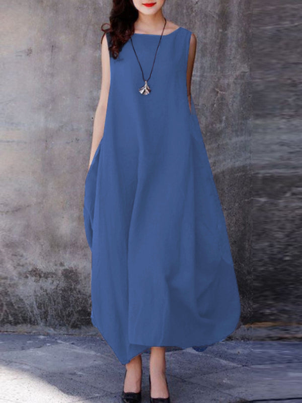 Swingy Sleeveless Midi Dress – Lightweight Solid Color Dress with Round Neck